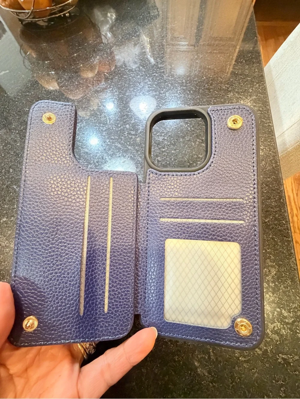 Leather Navy Blue Phone Case with Gold Ring Holder / stand